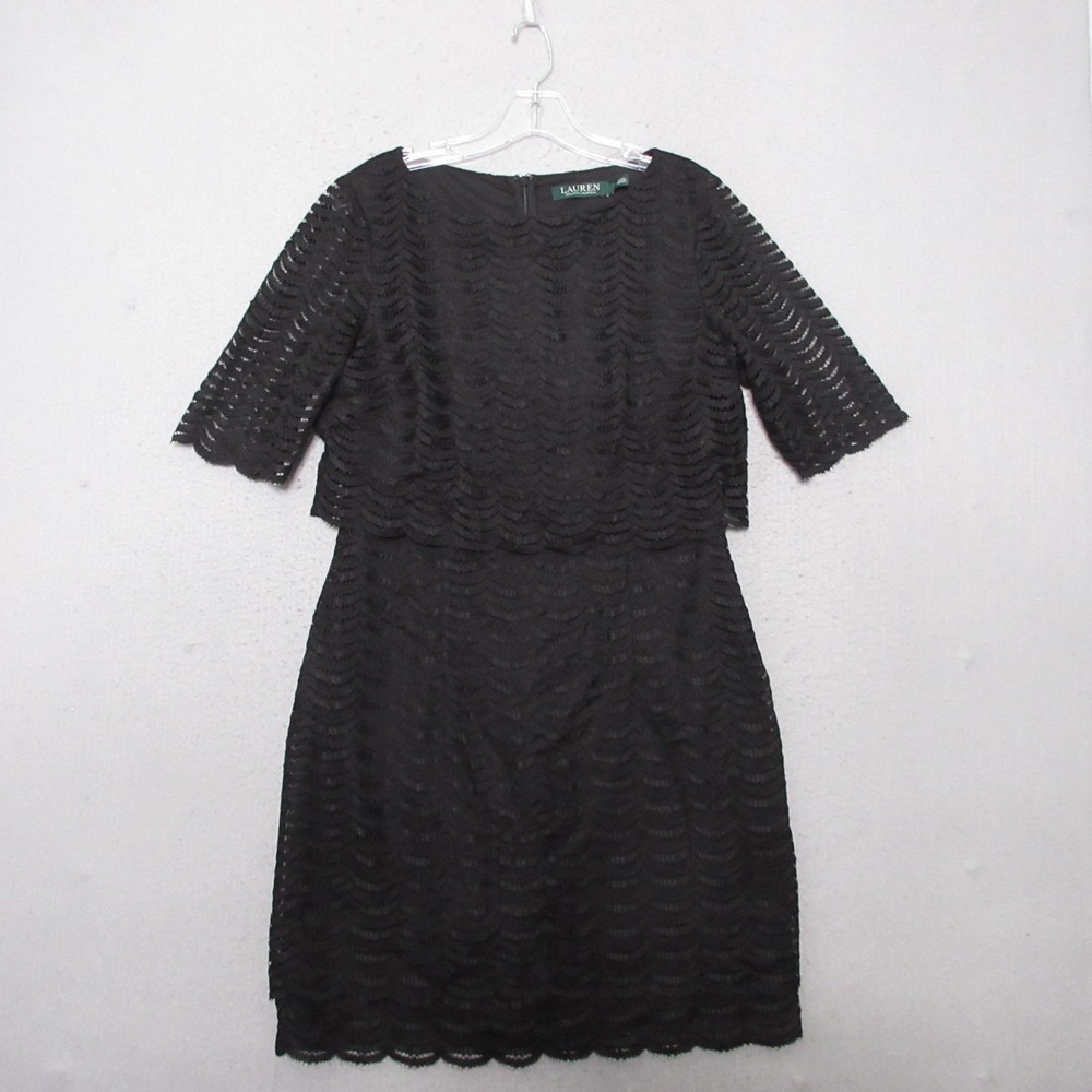 Lauren Ralph‎ Lauren Dress 12 Black Lace Scalloped Tiered Old Money Quiet Luxury